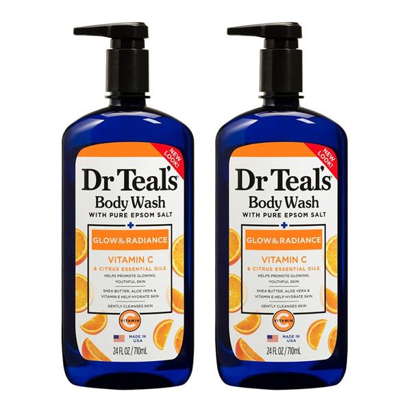 2 Pack - Dr Teals Body Wash with Pure Epsom Salt Glow & Radiance, 24oz each, enriched with vitamin C and citrus essential oils. Features orange slice graphics on the label. Brand: Dr. Teals.